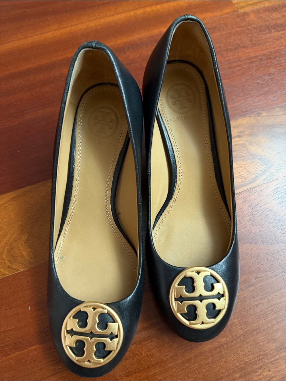 Tory Burch Black Leather Flats with Gold Logo Medallion